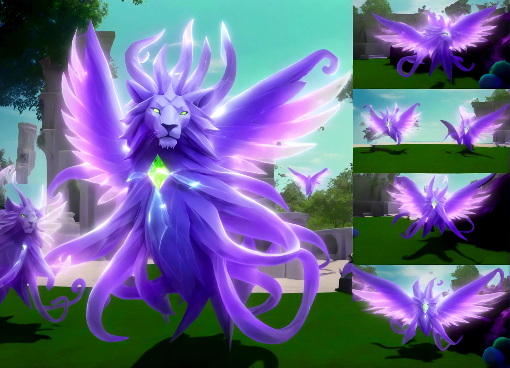 A eldritch angel (central body of a violet lion, 6 pairs of radiant crystal wings, numerous white tentacle eyestalks with neon green eyes) has appeared in a holy corona and approaching the viewer set in a park in daytime
