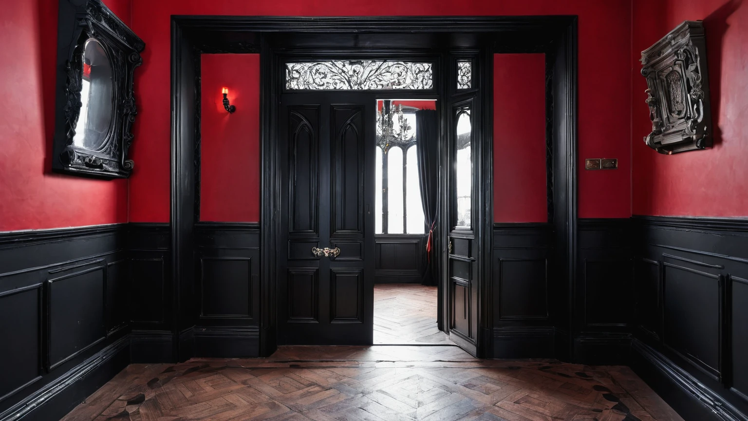 interior of a hallway, black doors, red and black walls, gothic themed, traditional, household, background
