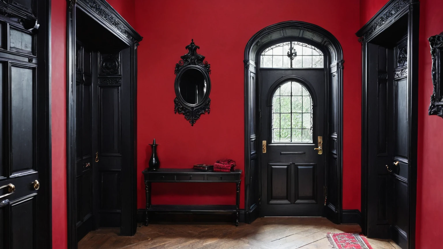 interior of a hallway, black doors, red and black walls, gothic themed, traditional, household, background