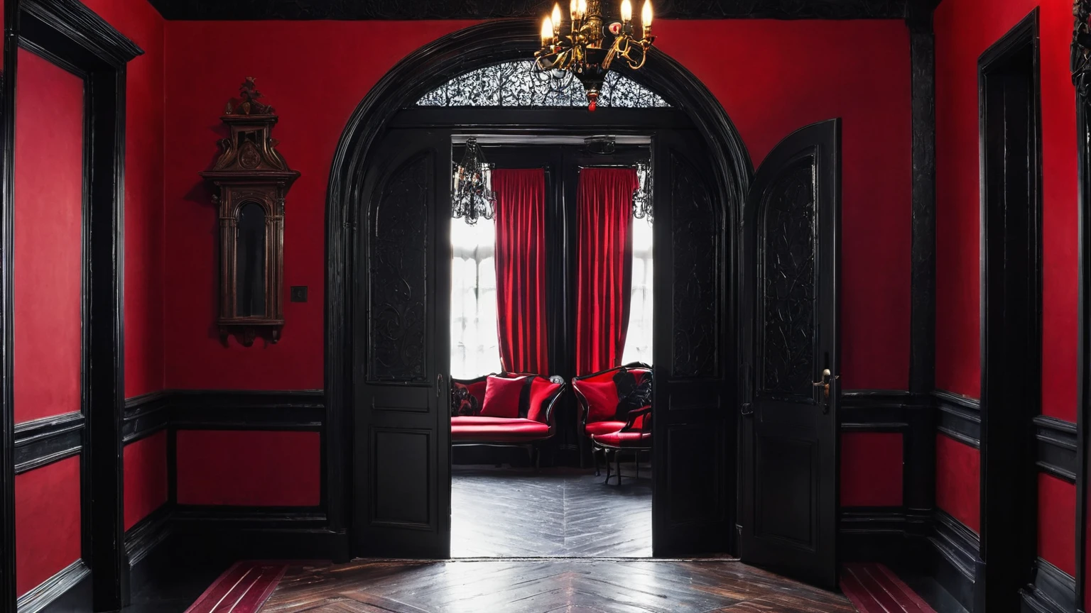 interior of a hallway, black doors, red and black walls, gothic themed, traditional, household, background