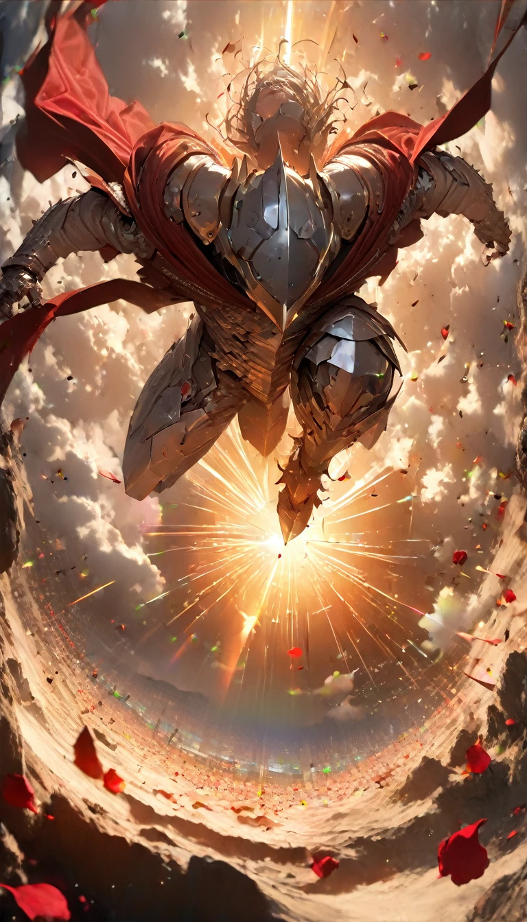 ((Holding an oversized and heavy scepter)), Silver ancient heavy armor, Extra thick helmet，There are small wings on the sides, (((Smooth Mask)), Wrap the whole body, ((Red Cape)), ((Beautiful six-winged battle angel woman)), Handsome face, Full body view, (((Light beam)), (((feather)), ((Thick clouds under your feet)), (((Rose petals fall))), Stereoscopic perspective, masterpiece, Facial details, very good, 16k resolution, high quality, light, High Detail, Dynamic perspective, detailed, Epic Shooting