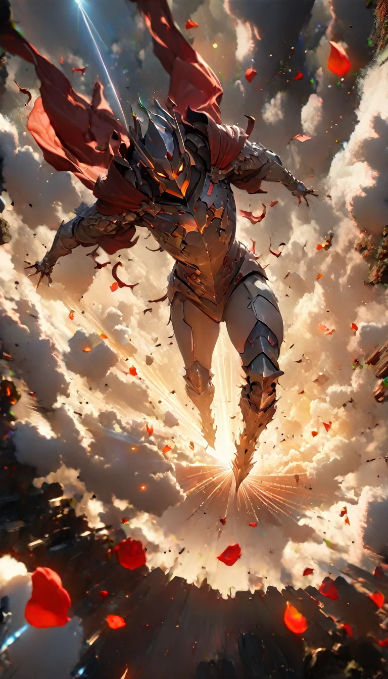 ((Holding an oversized and heavy scepter)), Silver ancient heavy armor, Extra thick helmet，There are small wings on the sides, (((Smooth Mask)), Wrap the whole body, ((Red Cape)), ((Beautiful six-winged battle angel woman)), Handsome face, Full body view, (((Light beam)), (((feather)), ((Thick clouds under your feet)), (((Rose petals fall))), Stereoscopic perspective, masterpiece, Facial details, very good, 16k resolution, high quality, light, High Detail, Dynamic perspective, detailed, Epic Shooting