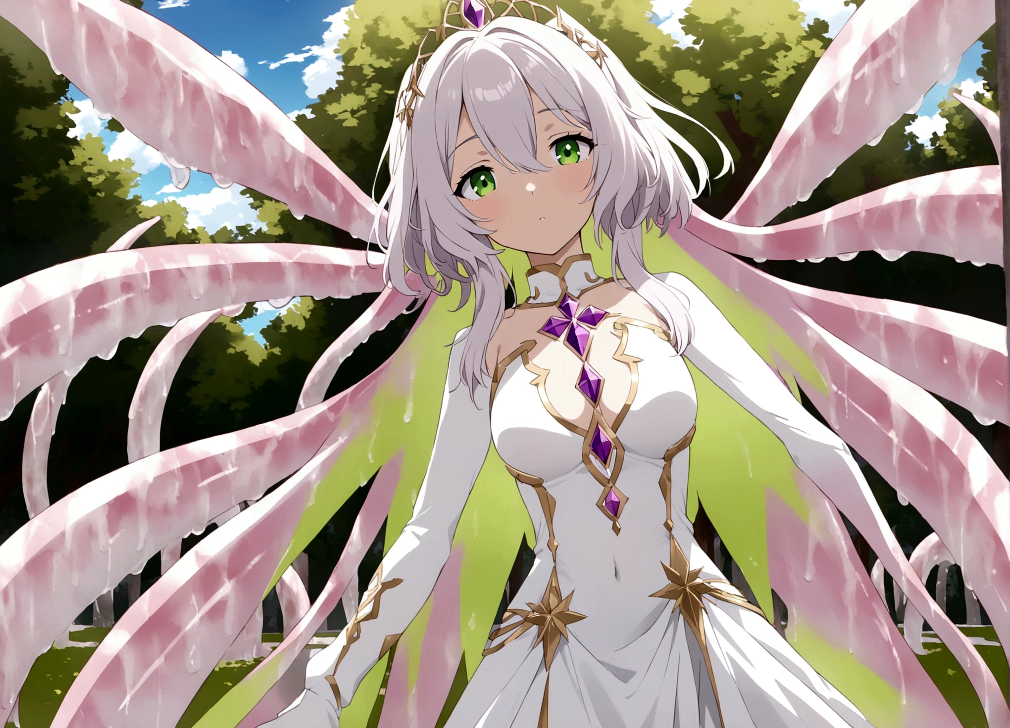 A eldritch angel (central body of a violet lion, 6 pairs of radiant crystal wings, numerous white tentacle eyestalks with neon green eyes) has appeared in a holy corona and approaching the viewer set in a park in daytime