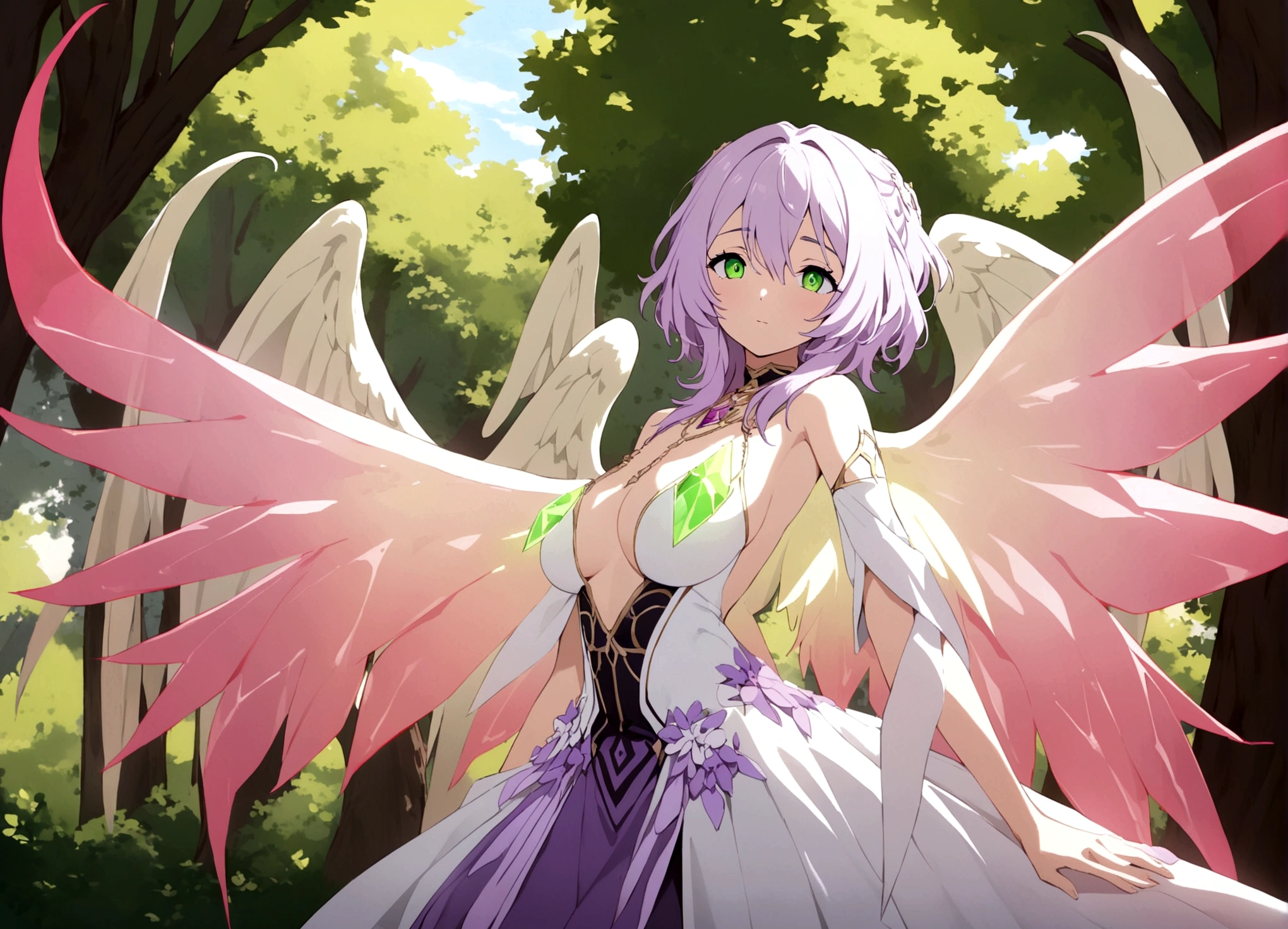 A eldritch angel (central body of a violet lion, 6 pairs of radiant crystal wings, numerous white tentacle eyestalks with neon green eyes) has appeared in a holy corona and approaching the viewer set in a park in daytime
