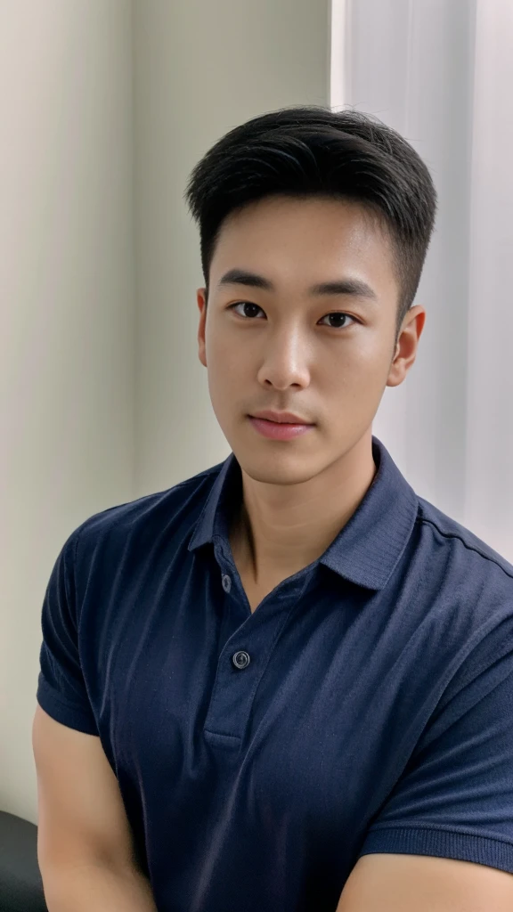 A male police officer in his 20s poses for a group photo., Wear a navy blue polo shirt., high resolution, Masterpiece, best quality, head:1.3,, Smooth and fine skin, clear focus, (movie light), during the night, gentle light, Dynamic angle, (detailed face:1.2), (((exercise))), sport, His arm muscles were very big., hand in crotch, in his bedroom ,natural and delicate,