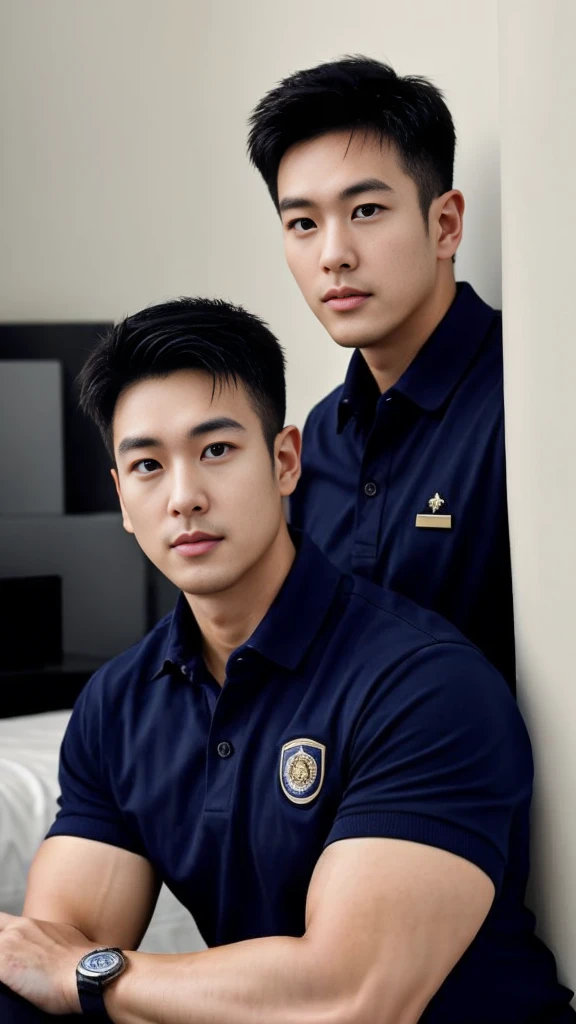 A male police officer in his 20s poses for a group photo., Wear a navy blue polo shirt., high resolution, Masterpiece, best quality, head:1.3,, Smooth and fine skin, clear focus, (movie light), during the night, gentle light, Dynamic angle, (detailed face:1.2), (((exercise))), sport, His arm muscles were very big., hand in crotch, in his bedroom