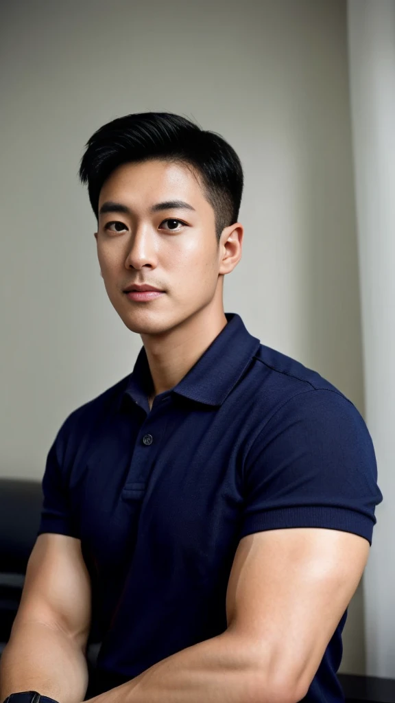 A male police officer in his 20s poses for a group photo., Wear a navy blue polo shirt., high resolution, Masterpiece, best quality, head:1.3,, Smooth and fine skin, clear focus, (movie light), during the night, gentle light, Dynamic angle, (detailed face:1.2), (((exercise))), sport, His arm muscles were very big., hand in crotch, in his bedroom