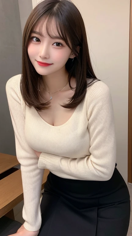 Tabletop, Highest quality, shape, Very detailed, finely, High resolution, 8k wallpaper, 完璧なダイナミックな構shape, Beautiful and detailed, Straight hair, Small breasts, Natural color lip, Random sexy poses,smile,20-year-old girl、Midnight、Beautiful and dense face、Perfect and beautiful face,Big eyes、RAW Photos、Expressing feminine poses with the whole body、Beautiful and detailed、Small face、Beautiful Duplex、Slim face and figure,Beautiful golden ratio face、Tight Skirt、Long sleeve blouse,Large company president secretary costume