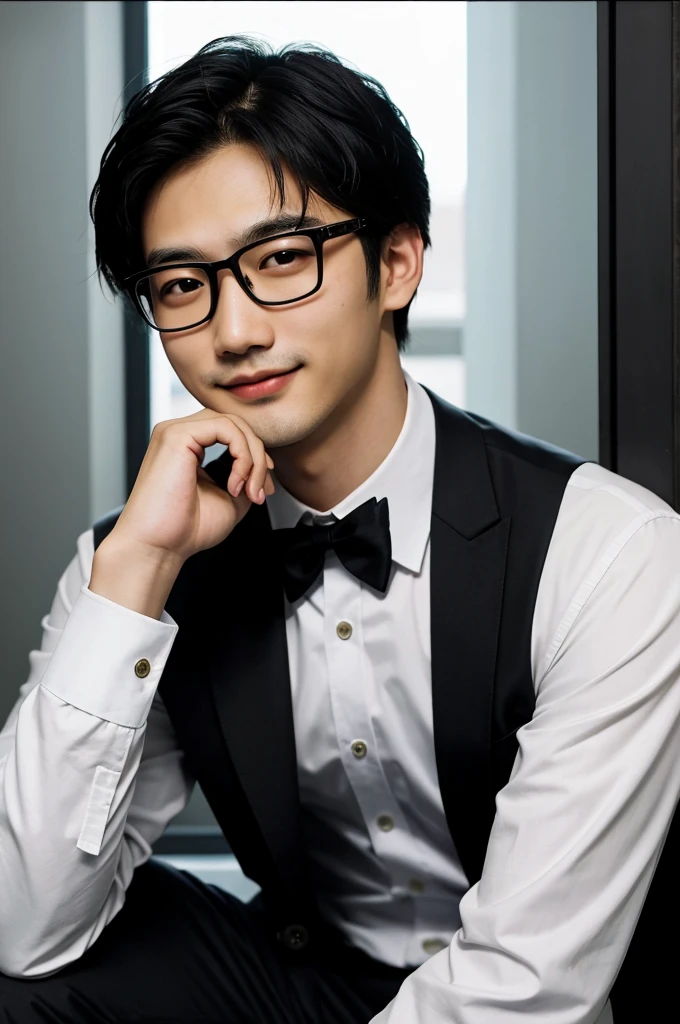 (Direct Image)Asian people, 30 years old, project manager。wear glasses,He wore a dark suit., Pair it with a white shirt and dark tie.。His hair is neat., The face is completely clean., round face,short hair,Eyes reveal intelligence and confidence.。He smiles and looks at the camera., Convey a professional and competent tone., Ultra High quality, Masterpiece, textured skin, High quality, high resolution, best quality, Highly detailed,half length photograph,ID photo