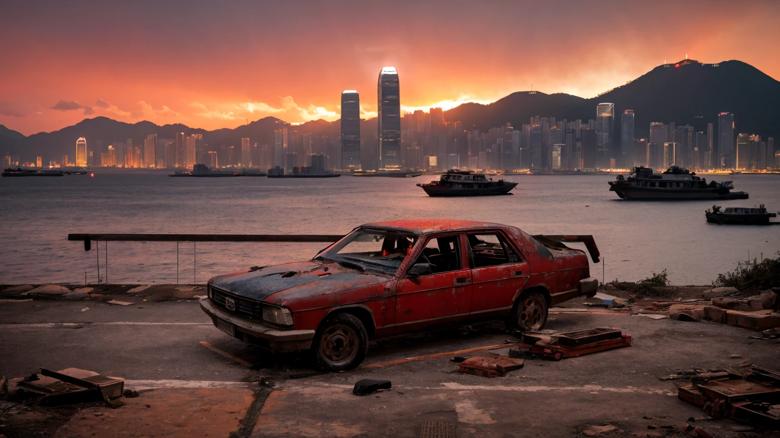 highest quality、Desolate Hong Kong、wreckage、Red Sky、Surrealism