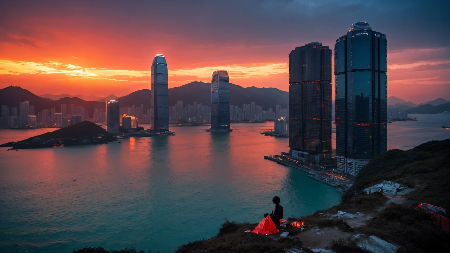highest quality、Desolate Hong Kong、wreckage、Red Sky、Surrealism