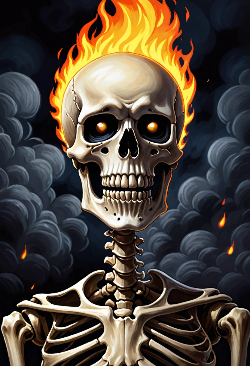 The skeleton will have three eyes and the one on the forehead will be a little scary and will burn with fire.The background will be dark and the skeleton's head will be shiny