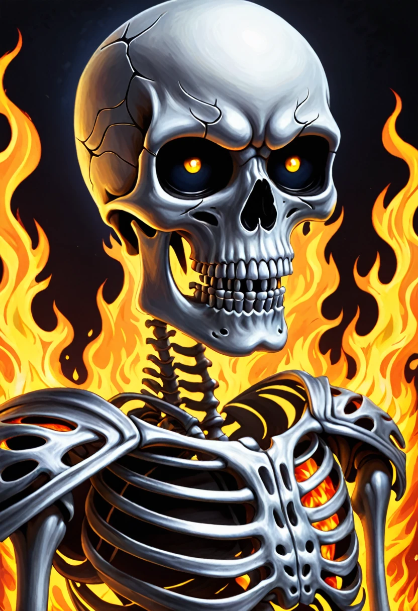 The skeleton will have three eyes and the one on the forehead will be a little scary and will burn with fire.The background will be dark and the skeleton's head will be shiny 