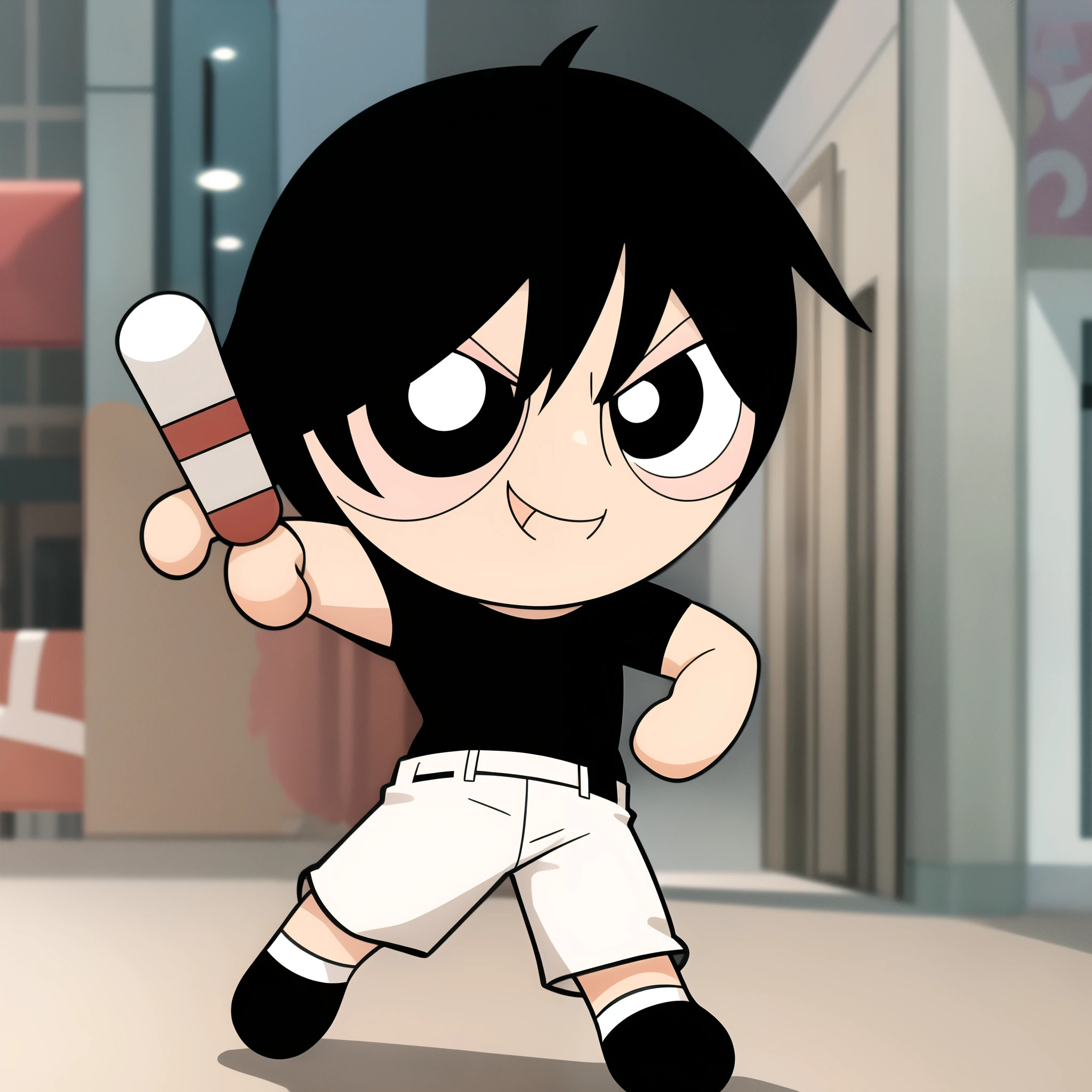 fushiguro toji, muscular male, black shirt, short sleeves, pants, cute smile, full body, chibi, black hair, background, (((Solo)))