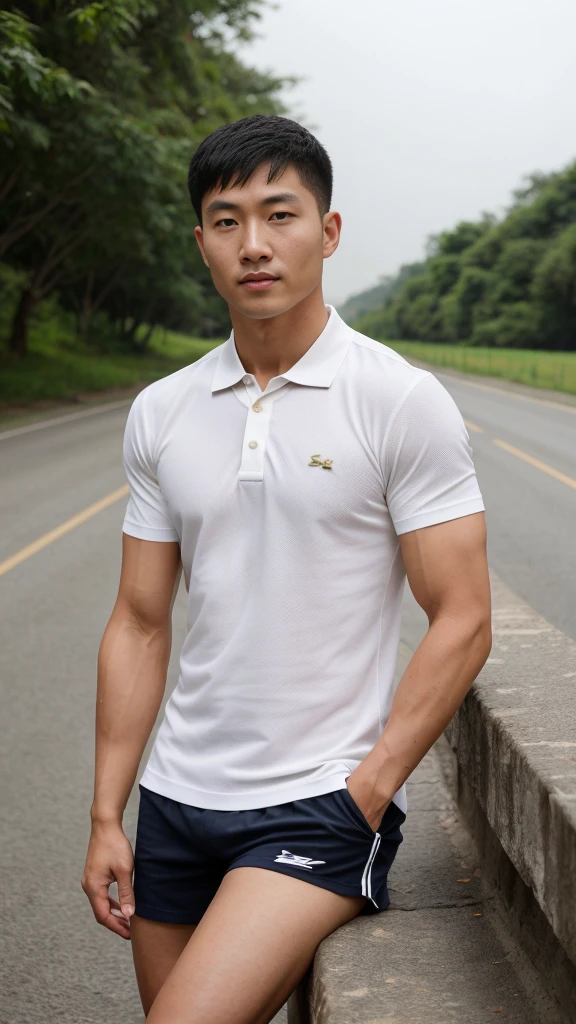 Thai man ,man,He is about 30 years old.,Rough and handsome appearance,Big muscleuscleหน้าอกขนาดใหญ่,(white polo shirt park:1.3),Big waistline,chest hair,sitting on the roadside,Wearing the tongs,buzz cut, angry, sullen, best quality, Masterpiece,(outdoor background road :1.5),(Have muscles:4.5),(fat:1.5),(gray hair:1.5 ),(gray body hair:1.5),(skin wrinkles:1.5),(shine on the skin:1.5),(best quality,High resolution,Masterpiece:1.2),The eyes are natural and delicate.,1 person,alone,gay asian,muscle,Long legs,brave,short hair details,conjunctivitis ,stalwart,brown eyes,in the bedroom,