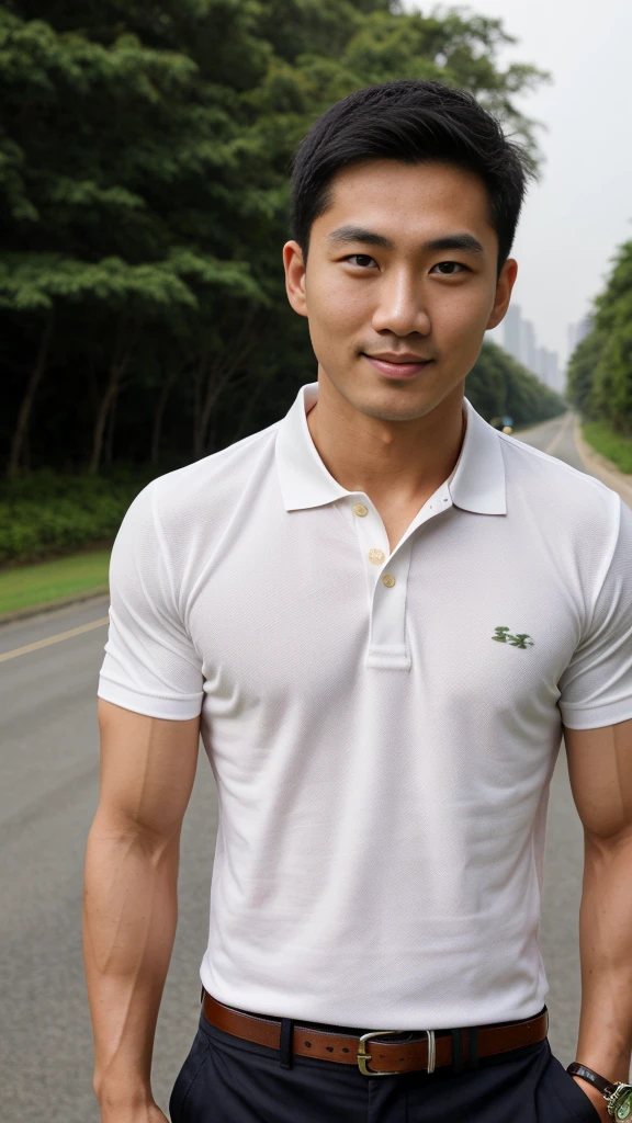 Thai man ,man，He is about 30 years old.，Rough and handsome appearance，Big muscleuscleหน้าอกขนาดใหญ่，(white polo shirt park:1.3)，Big waistline，chest hair，sitting on the roadside，Wearing the tongs，buzz cut, angry, sullen, best quality, Masterpiece，(outdoor background road :1.5)，（Have muscles：4.5），（fat：1.5），（gray hair：1.5 ），（gray body hair：1.5），（skin wrinkles：1.5），（shine on the skin：1.5），(best quality,High resolution,Masterpiece:1.2),The eyes are natural and delicate.,1 person,alone,gay asian,muscle,Long legs,brave,short hair details,conjunctivitis ,stalwart,brown eyes,in the bedroom,