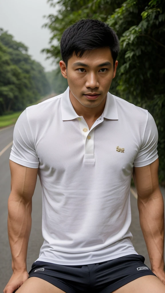 Thai man ,man,He is about 30 years old.,Rough and handsome appearance,Big muscleuscleหน้าอกขนาดใหญ่,(white polo shirt park:1.3),Big waistline,chest hair,sitting on the roadside,Wearing the tongs,buzz cut, angry, sullen, best quality, Masterpiece,(outdoor background road :1.5),(Have muscles:4.5),(fat:1.5),(gray hair:1.5 ),(gray body hair:1.5),(skin wrinkles:1.5),(shine on the skin:1.5),(best quality,High resolution,Masterpiece:1.2),The eyes are natural and delicate.,1 person,alone,gay asian,muscle,Long legs,brave,short hair details,conjunctivitis ,stalwart,brown eyes,in the bedroom,