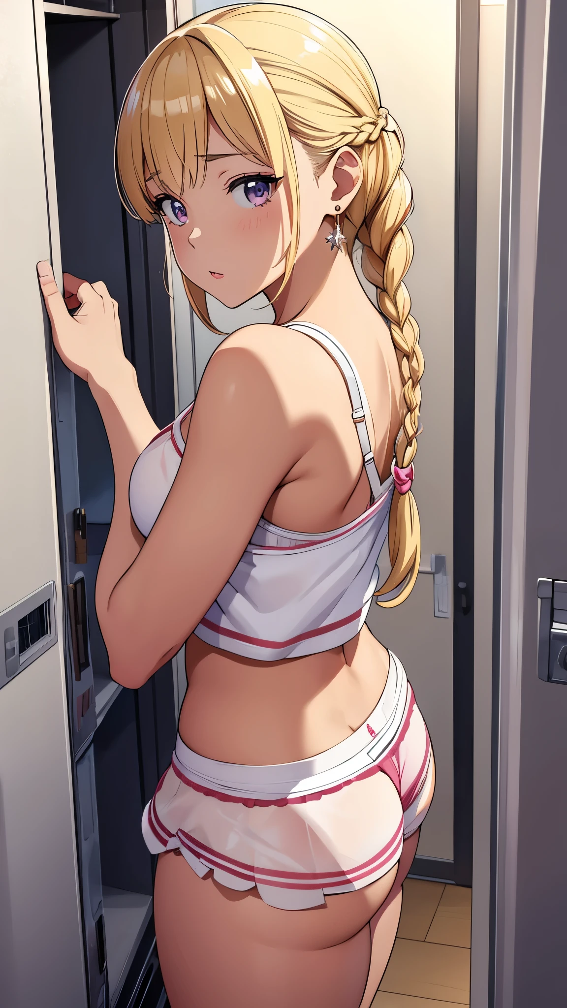 high school girl、uniform、Brown skin、Earrings、Change of clothes、locker room、(Hairstyle:french braid、Blonde)、(satin bra、satin panties)