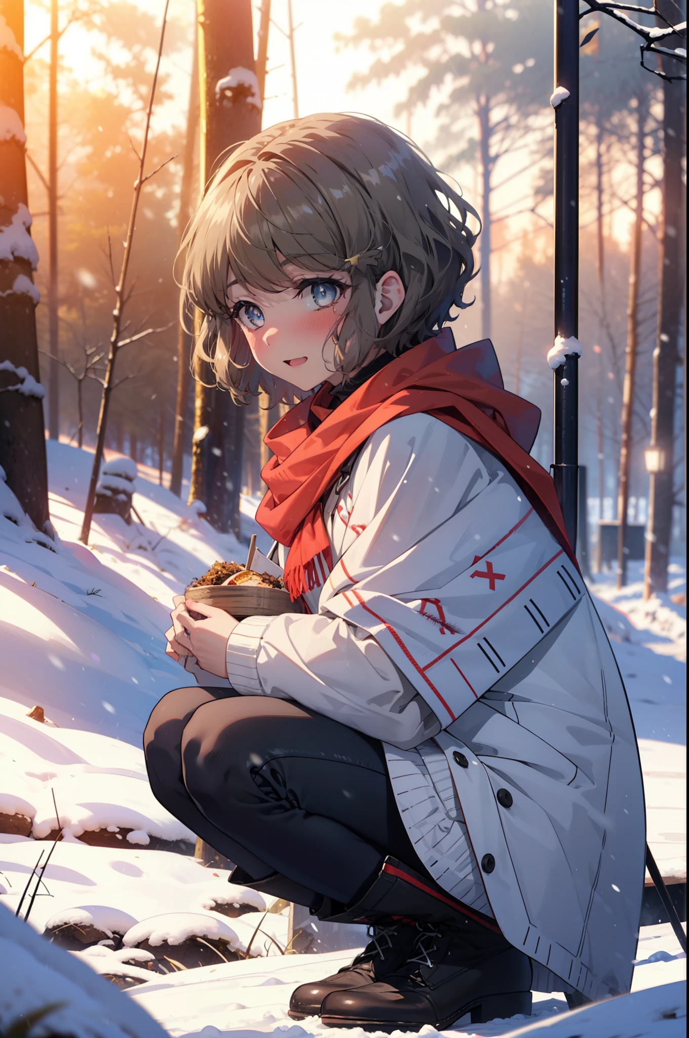 tomoekoga, Chie Koga, short hair, Brown Hair, blue eyes, hair band,smile,blush,White Breath,Medium Chest,
Open your mouth,snow,Ground bonfire, Outdoor, boots, snowing, From the side, wood, suitcase, Cape, Blurred, having meal, forest, White handbag, nature,  Squat, Mouth closed, Cape, winter, Written boundary depth, Black shoes, red Cape break looking at viewer, Upper Body, whole body, break Outdoor, forest, nature, break (masterpiece:1.2), Highest quality, High resolution, unity 8k wallpaper, (shape:0.8), (Beautiful and beautiful eyes:1.6), Highly detailed face, Perfect lighting, Highly detailed CG, (Perfect hands, Perfect Anatomy),