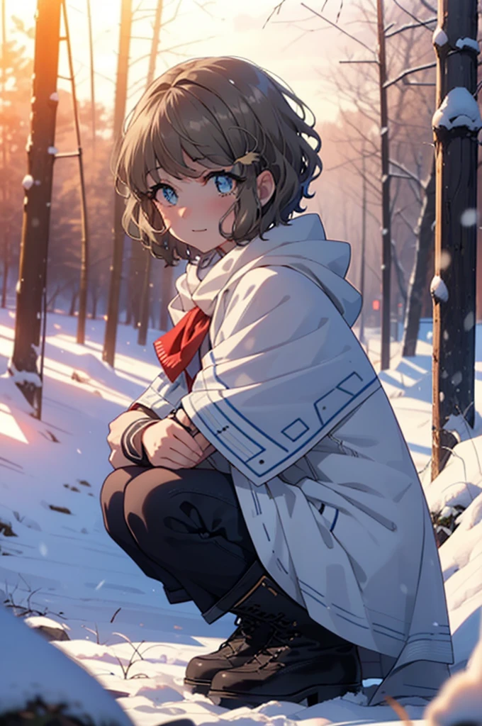 tomoekoga, Chie Koga, short hair, Brown Hair, blue eyes, hair band,smile,blush,White Breath,Medium Chest,
Open your mouth,snow,Ground bonfire, Outdoor, boots, snowing, From the side, wood, suitcase, Cape, Blurred, having meal, forest, White handbag, nature, Squat, Mouth closed, Cape, winter, Written boundary depth, Black shoes, red Cape break looking at viewer, Upper Body, whole body, break Outdoor, forest, nature, break (masterpiece:1.2), Highest quality, High resolution, unity 8k wallpaper, (shape:0.8), (Beautiful and beautiful eyes:1.6), Highly detailed face, Perfect lighting, Highly detailed CG, (Perfect hands, Perfect Anatomy),