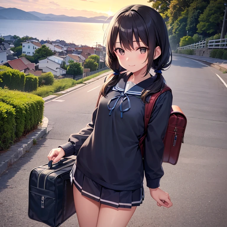 best quality, detailed, masterpiece, 1 girl, standing, gentle smile, yo, (low twintails:1.4), low pigtails, black hair, long hair, (navy blue sailor suit with blue ribbon:1.2), long sleeves, (dark brown eyes), (school bag), BREAK, from the front, from few above, POV, alone, (steep downhill), long hill straight road to the back, electric pole, electric cable, hill city, housing, cityscape, sea in the distance, nice view, 15 o'clock, orange sky, animation