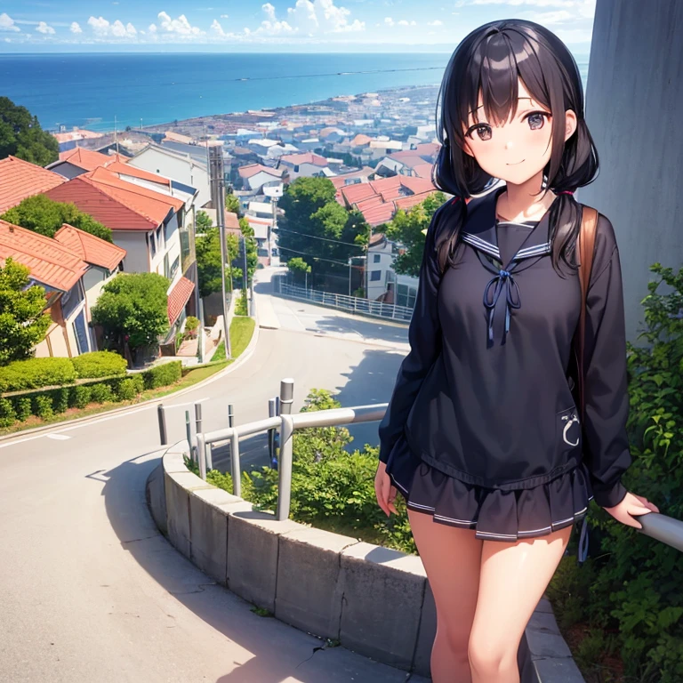 best quality, detailed, masterpiece, 1 girl, standing, gentle smile, 15yo, (low twintails:1.4), low pigtails, black hair, long hair, (navy blue sailor suit with blue ribbon:1.2), long sleeves, (dark brown eyes), (school bag), BREAK, from the front, from few above, POV, alone, (steep downhill), long hill straight road to the back, electric pole, electric cable, hill city, housing, cityscape, sea in the distance, nice view, 15 o'clock, orange sky, animation