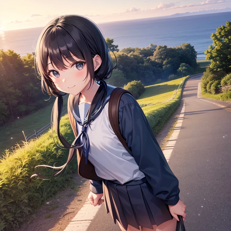 best quality, detailed, masterpiece, 1 girl, standing, gentle smile, 15yo, (low twintails:1.4), low pigtails, black hair, long hair, (navy blue sailor suit with blue ribbon:1.2), long sleeves, (dark brown eyes), (school bag), BREAK, from the front, from few above, POV, alone, (steep downhill), long hill straight road to the back, electric pole, electric cable, hill city, housing, cityscape, sea in the distance, nice view, 15 o'clock, orange sky, animation