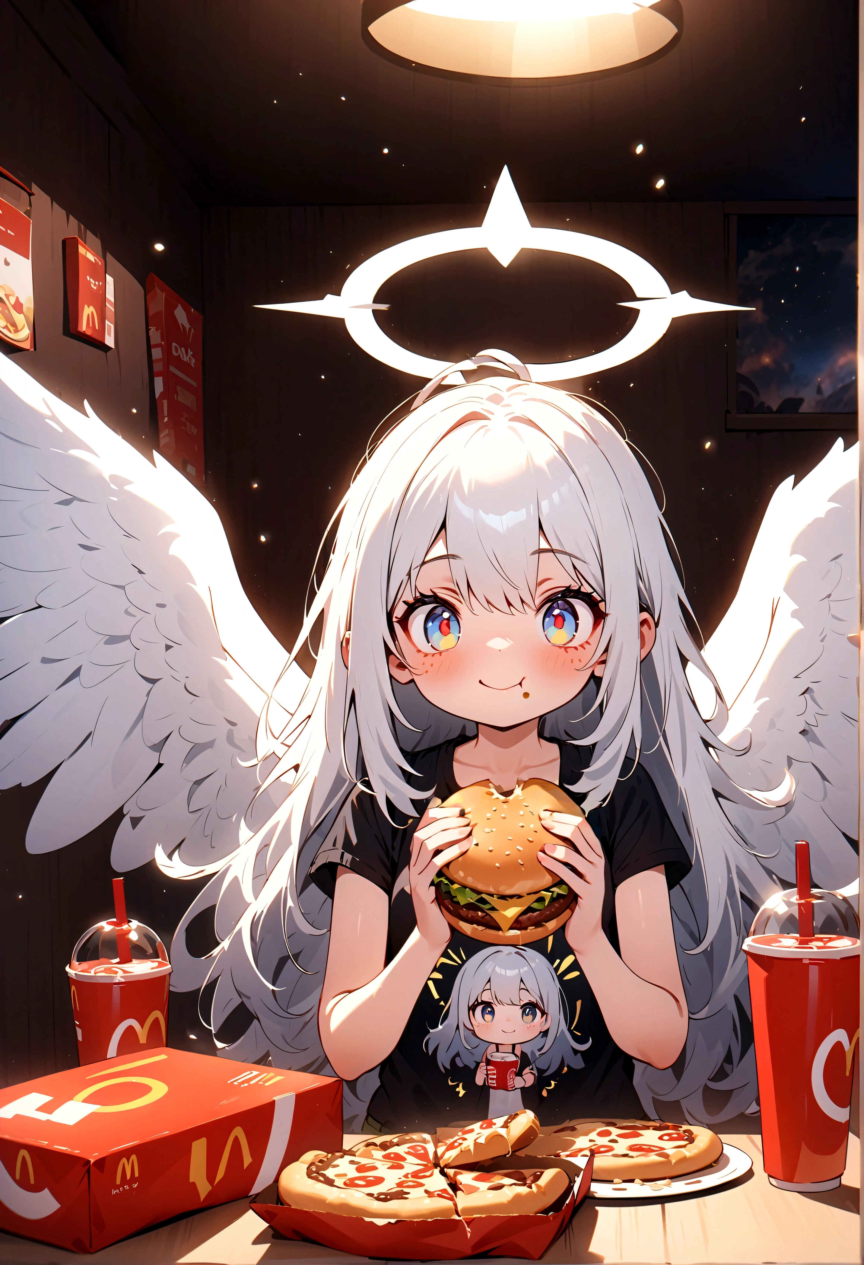 1girl\(angel,silver hair,shining hair, long hair, floating hair, cosmic eyes, big eyes,many stars in eyes, beautiful, cute, shiny body, (big white wings), glowing halo\(angel ring\), dark bag under eyes,geek,freckles, tank top\(geek-anime-printed\), green short shorts, big smile,open mouth, surprised, cute pose,(far away from viewer)\) , many beautiful junk foods\(pizza, humberger, lasagna, Coca-Cola, tacos, hot-dog, many shining effects\) on the table, BREAK ,background\(trippy colorful shines, simple,happy mood\), BREAK ,quality\(8k,wallpaper of extremely detailed CG unit, high resolution, top-quality, top-quality real texture skin, hyper realistic, increase the resolution, RAW photos, best quality, highly detailed, the wallpaper,golden ratio,high saturation realism, vibrant colors, dramatic lighting, persuasive storytelling, atmospheric scenery, captivating visuals, intricate details, strong emotions,dreamlike world\),(from above), (focus at foods),(dynamic angle:1.3)