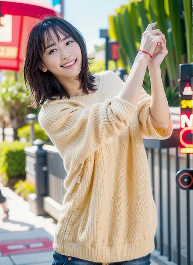 Nude girl with short, light black hair
