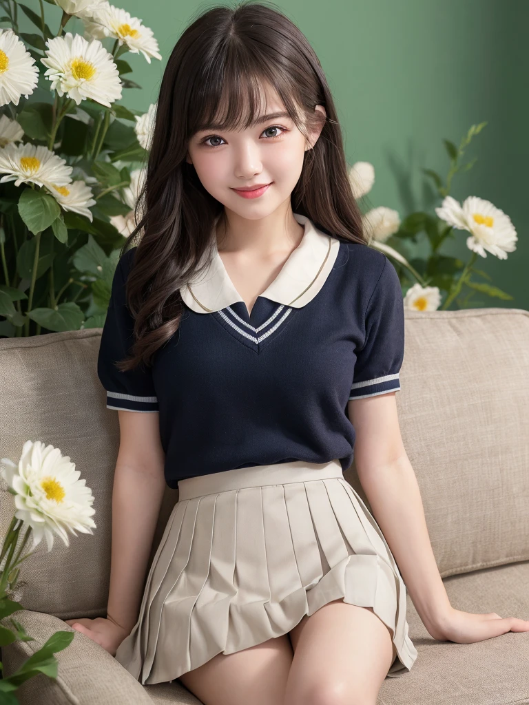 (1woman), (round eyes:1.2), (highly detailed face and eyes), refreshing smile, Amazing face and eyes, (school uniform, pleated skirt:1.3), (Best Quality:1.4), (Ultra-detailed), (extremely detailed CG unified 8k wallpaper), Highly detailed, High-definition raw color photos, Professional Photography, Realistic portrait, indoors, summer, (casual room, cute wallpapers:1.3), (Surrounded by lots of cute fresh flowers. Inside a photo studio, cute sofa:1.3), depth of fields, (fine face:1.2),