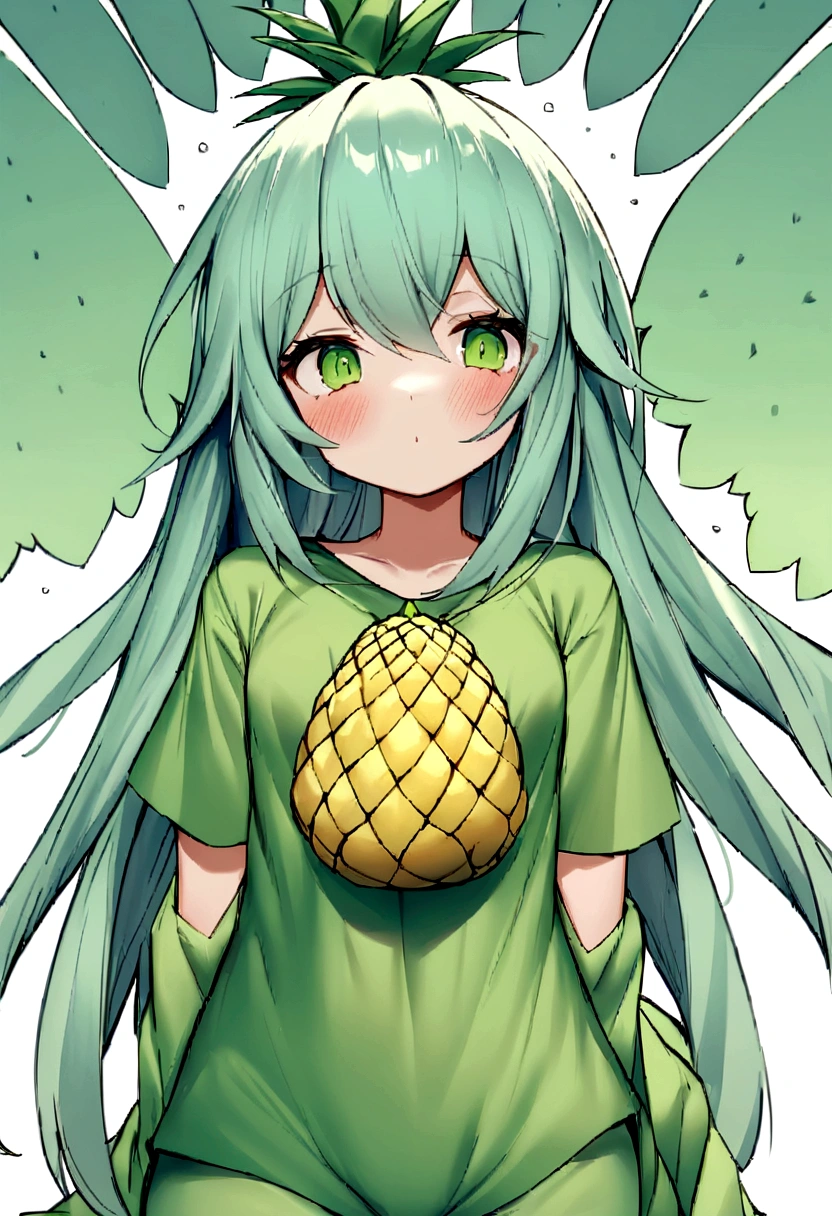 [Pina’s] A YOUNG GIRL WEARING LIGHT GREEN TISHIRT AND GREEN PAJAMA HER body starts to transform, her skin becoming rough and covered in numerous eyes, turning into a pineapple.