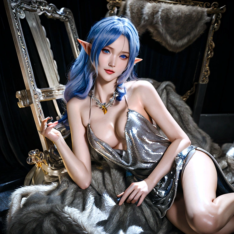 mature elf woman, cleavage, bikini armor, armored short skirt, jewelry, blue eyes, perfect hand, perfect face, perfect body, small smile, realistic, white hair, porcelain skin, perfect skin, mystical, cleavage, big breast, looking at viewer, masterpiece, high quality, detailed, athletic body, perfect eyes, simple black background.