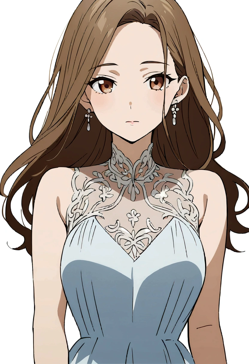 Masterpiece, Best quality, 1 Female, Mature Woman, Elder Sister, young girl, brown eyes, long hair, smoky mix brown color hair, resolute eyes, white and blue dress, long white eardrop, morden, frontal photo, blank background, remove background, anime, illustration