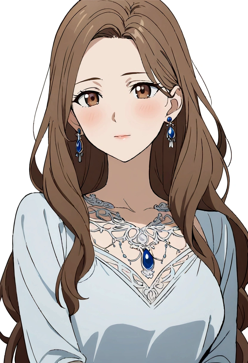 Masterpiece, Best quality, 1 Female, Mature Woman, Elder Sister, young girl, brown eyes, long hair, smoky mix brown color hair, resolute eyes, white and blue dress, long white eardrop, morden, frontal photo, blank background, remove background, anime, illustration