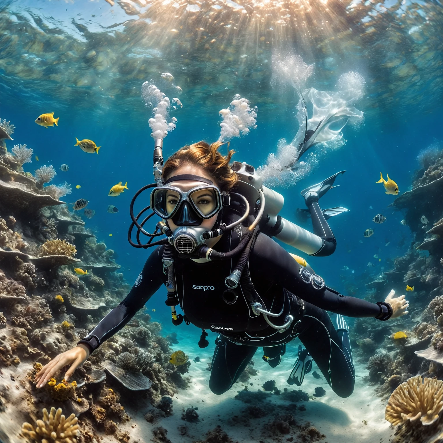 Photos under the sea, Draw a beautiful underwater world, Best diving spots, Transparency, How beautiful,Water representation, Water movement, Fine air bubbles, realism, Beautiful diving spots that will captivate everyone,bright,Diagonal composition,Focus on the Underwater World, During the diving course，There is a lady wearing a diving suit and goggles,Wear a diving mask, wearing a whimsical outfit that combines elements of a swimsuit and armor. Instagram, A diver on the seabed, A diver on the seabed, old scuba, GoPro shooting, Abandoned diving mask, Underwater perspective, 3 6 0 capture, amanda clarke, Underwater shooting , Photorealistic, Intricate underwater details,Fantasy,Dreamy, 