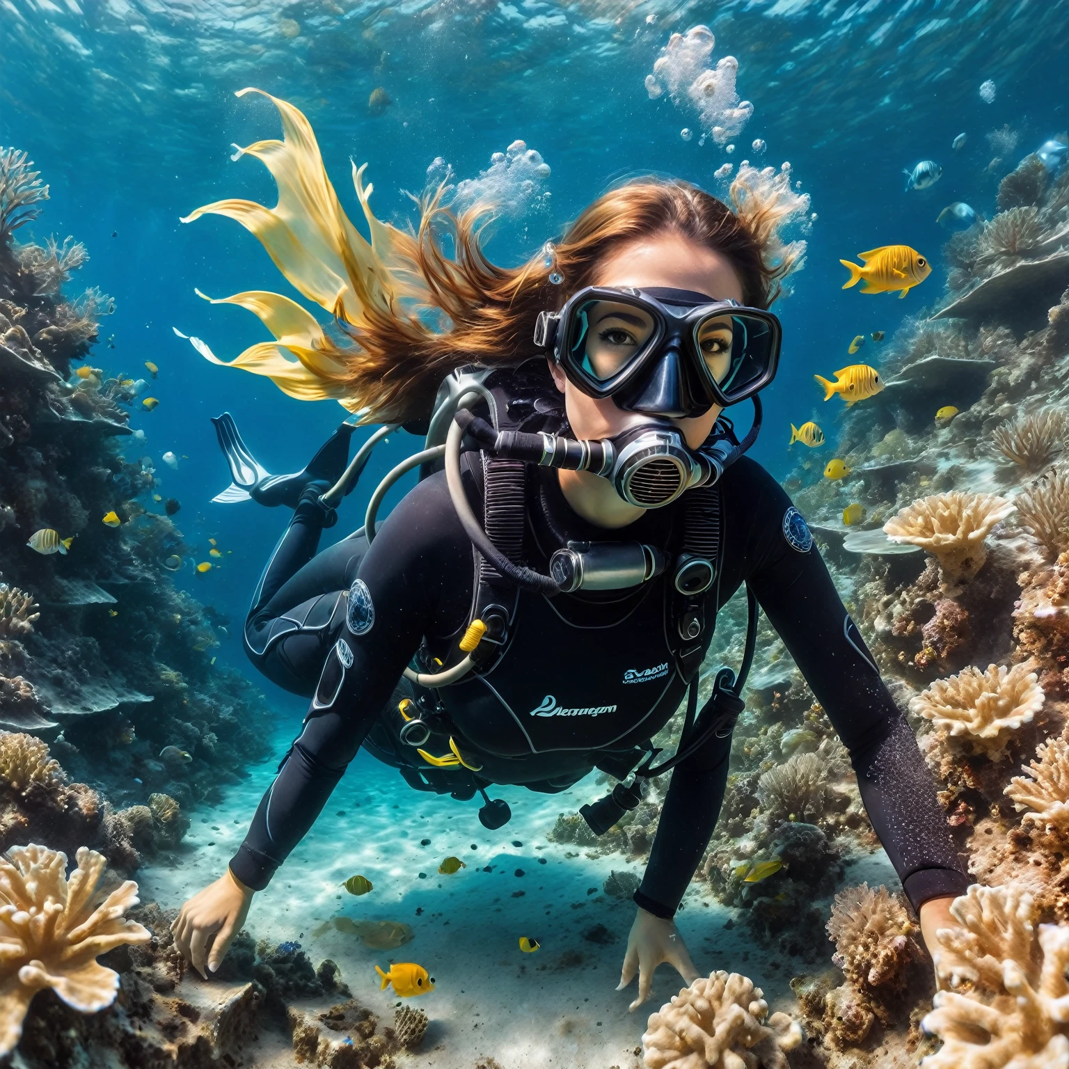 Photos under the sea, Draw a beautiful underwater world, Best diving spots, Transparency, How beautiful,Water representation, Water movement, Fine air bubbles, realism, Beautiful diving spots that will captivate everyone,bright,Diagonal composition,Focus on the Underwater World, During the diving course,There is a lady wearing a diving suit and goggles,Wear a diving mask, wearing a whimsical outfit that combines elements of a swimsuit and armor. Instagram, A diver on the seabed, A diver on the seabed, old scuba, GoPro shooting, Abandoned diving mask, Underwater perspective, 3 6 0 capture, amanda clarke, Underwater shooting , Photorealistic, Intricate underwater details,Fantasy,Dreamy,