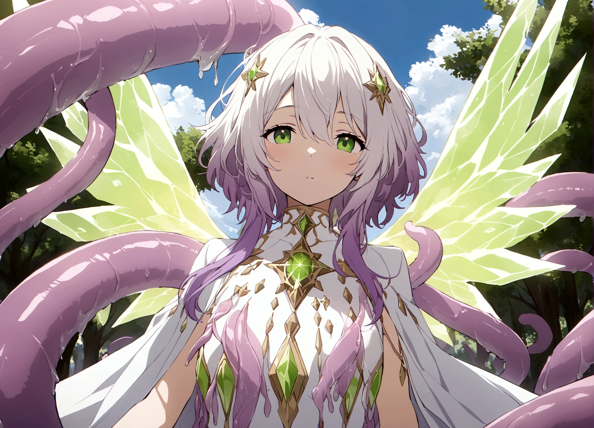 A eldritch angel (central body of a violet lion, 6 pairs of radiant crystal wings, numerous white tentacle eyestalks with neon green eyes) has appeared in a holy corona and approaching the viewer set in a park in daytime