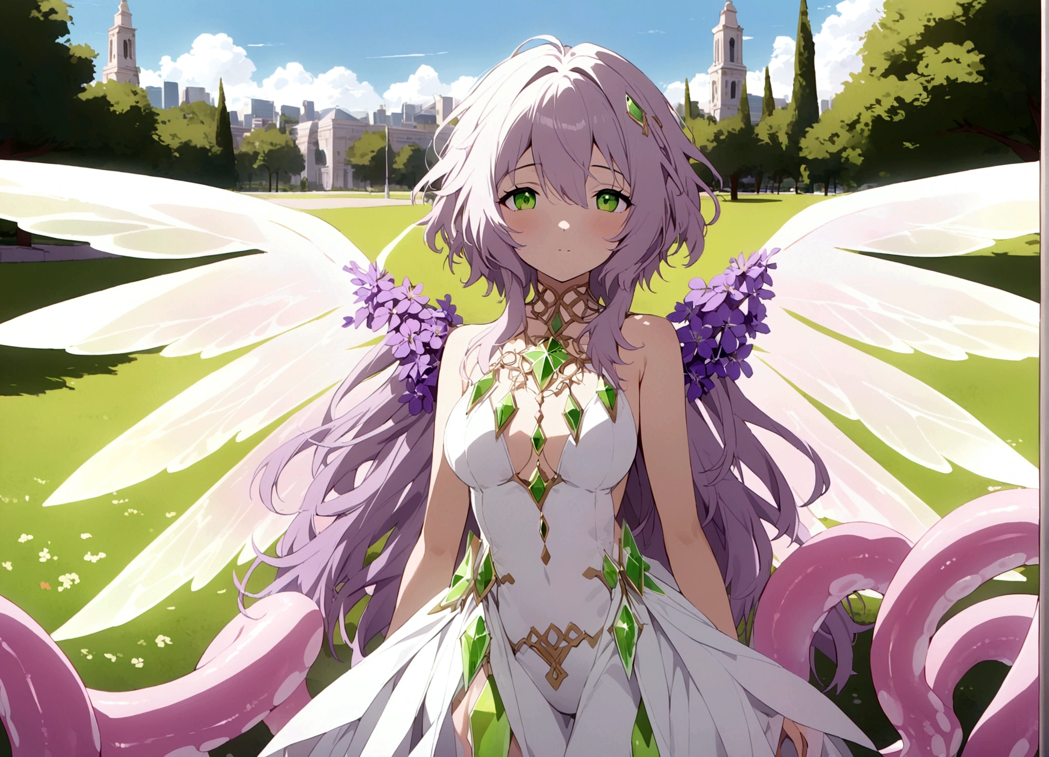 A eldritch angel (central body of a violet lion, 6 pairs of radiant crystal wings, numerous white tentacle eyestalks with neon green eyes) has appeared in a holy corona and approaching the viewer set in a park in daytime
