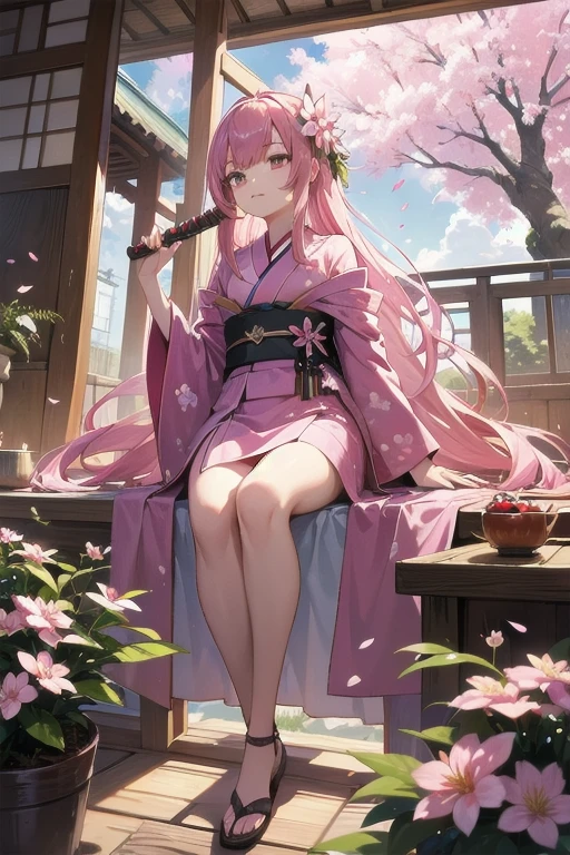 masterpiece, best quality, extremely detailed, anime, {{plant thorny shrub around her}}, monster girl, alraune,{huge flowers on head}, underbody into cherry blossom flower, {{fusion of cherry blossom and girl, }}, Cherry-blossom color hair, crimson eyes, hair so long it reaches the ground, pink kimono, Viran,prostitute, different world, Weapons Japanese Sword, The Wizard of Cherry 、,Florabeast,plant girl