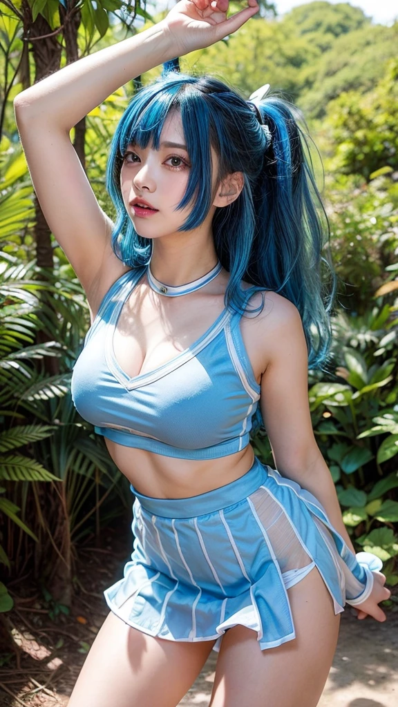 See-through open-chested cheerleader outfit、My breasts pop out、Leaning forward、Sheer skirt、forest、Blue Hair