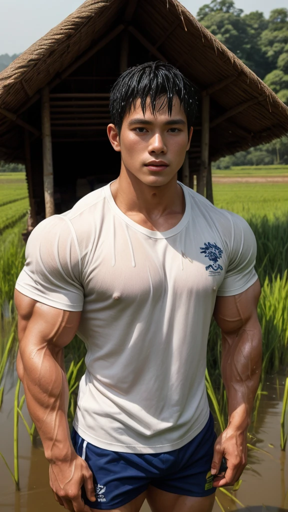 独奏 , 1 person , Portrait of a handsome Asian rugby player with short hair, a muscular beard, big muscles, wearing a white round neck t-shirt, wet, outdoors, rice field, countryside, hut, Thailand, Laos, Burma, Asia.