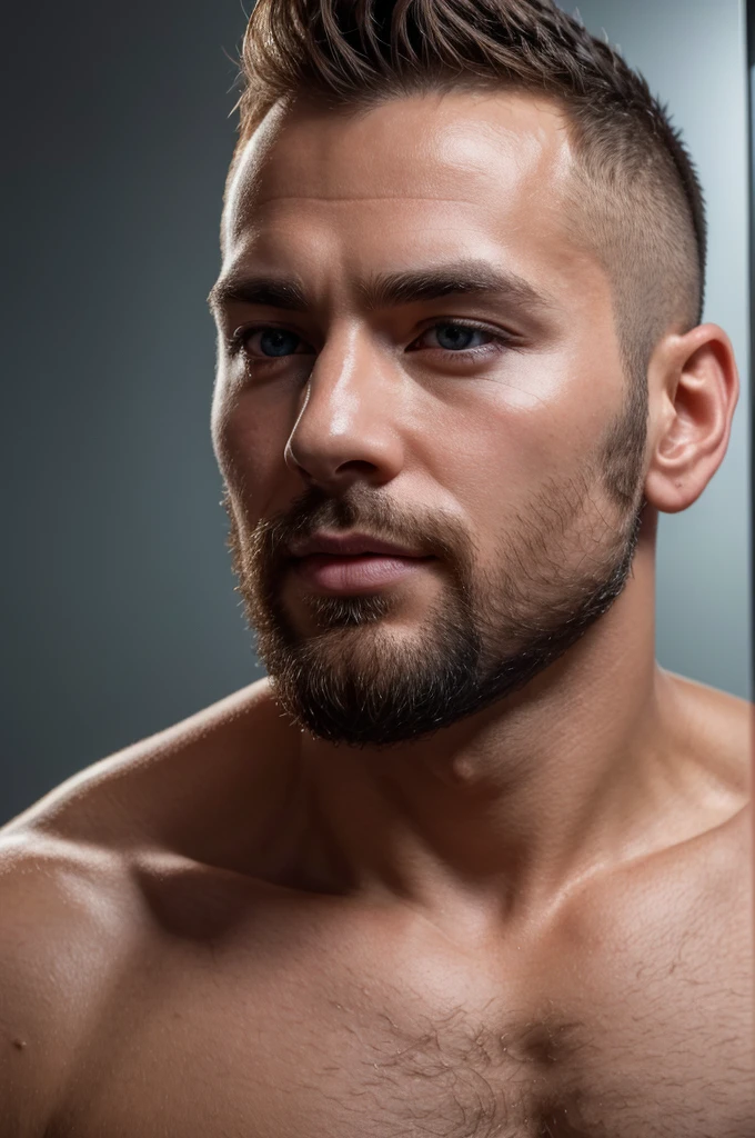 (8K、RAWE Photo、Highest quality、masterpiece:1.2)、(Real、Photorealistic:1.37)、Super detailed、Ultra-high resolution、1 male、Beautiful detailed face、(Feather Cut: 0.6)、Professional Lighting、The lighting is bright、Actor、model、Full body、Wide-angle shot、Daytime、bright , simple background ,Simple Background、Slender、beard、front、Face close-up、