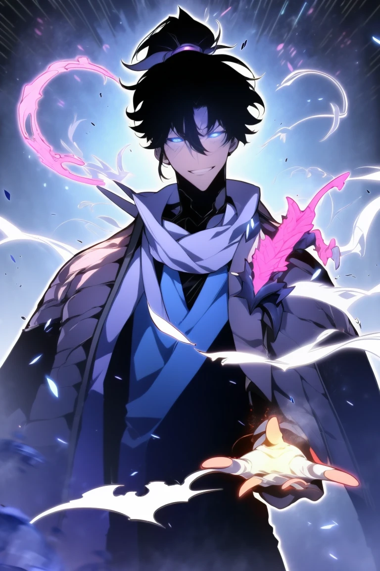 A man in fantasy clothes, wild Black hair, wild hair in a ponytail, white blue eyes, scar on the nose, scary smile, black scarf, black pancho, holding system from solo leveling in his hand and other hand doing magic intense colors, 4k, un-zoom, intricate pencil sketch, perfect Anatomy