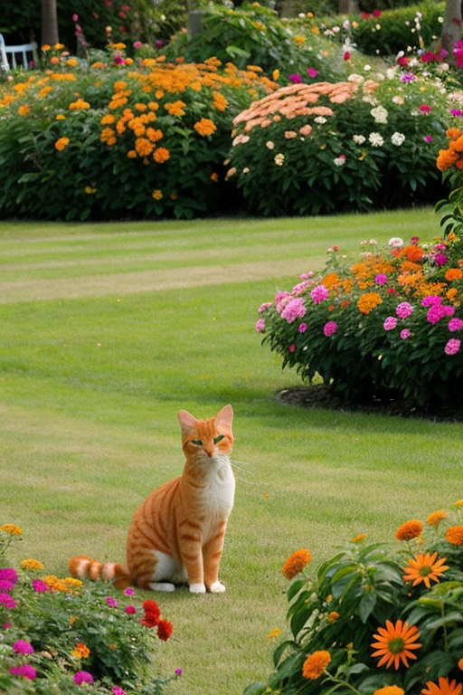 Orange cat in the flower garden