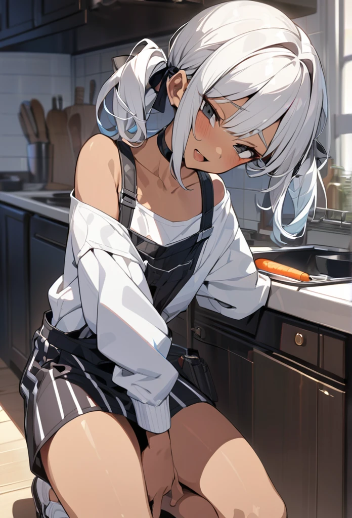 Alisa Mikhailovna Kujou, Una chica anime, De cabello blanco, Y uniforme escolar. With her uniform shirt half open showing her breasts a little, her cheeks were blushing with shame and looking with a fearful expression as if they were going to do something to her., mientras Tiene su mano derecha   tratando de bajar su falda el cual esta ligeramente levantada mostrando sus lindas bragas rosas. His face full of shame and slight humiliation. 