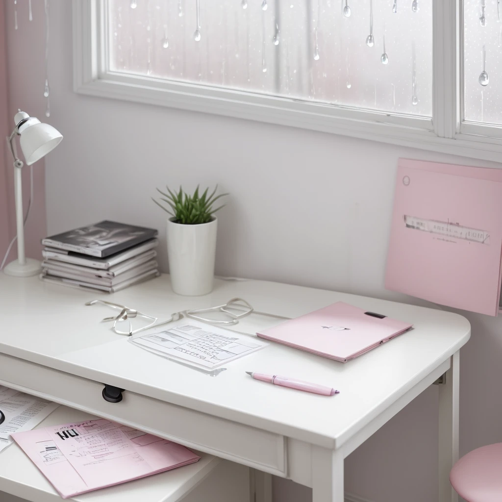 white wooden desk, clothing and fashion magazines on the desk, white metal lamp, laptop on the desk, background with blur, window with raindrops in the background, focus on desk with magazines, Pink decorations 