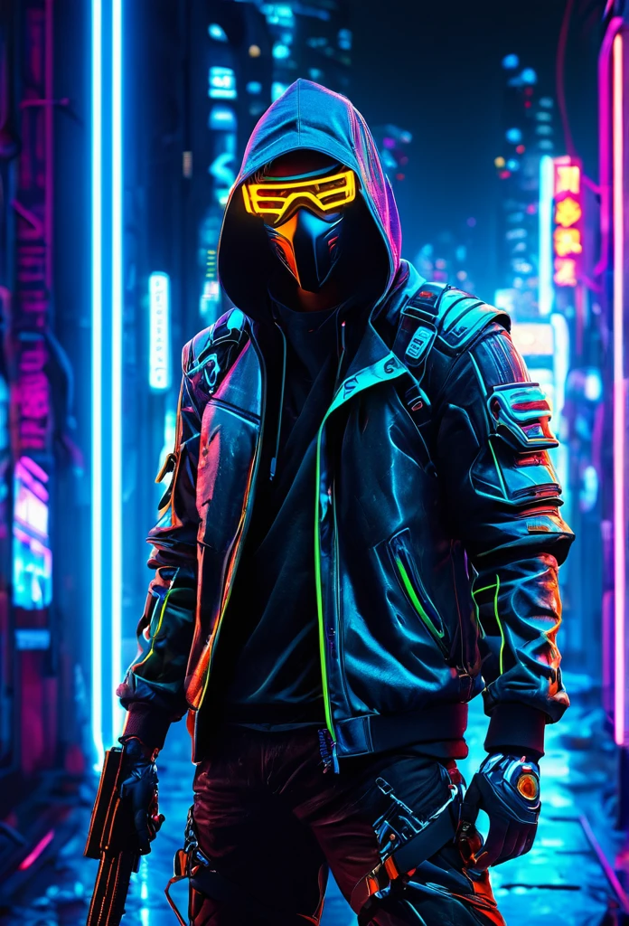 
Futuristic cyberpunk masked reward hunter, neon lights, cyberpunk city background, hyper realistic, without gun, protecting

