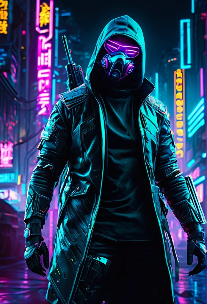 Futuristic cyberpunk masked reward hunter, neon lights, cyberpunk city background, hyper realistic, without gun, protecting