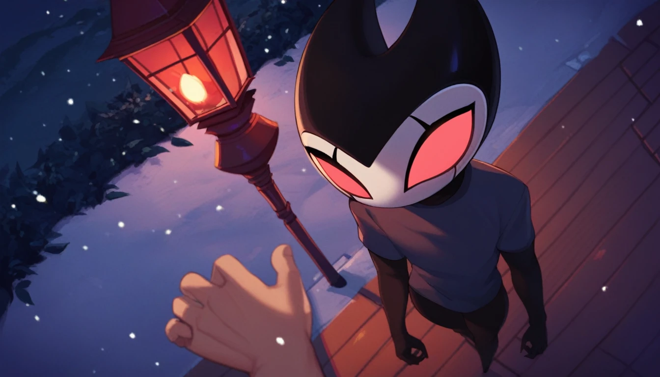 score_9, score_8_up, score_7_up, score_6_up, zPDXL2, grimm \(hollow knight\), vampire, bat, 1boy, solo, cute face, detailed eyes, anthro, clothed, background, landscape, looking at the viewer, thick thighs, angle from above, highlight thighs, It's snowing outside, it's night, a lamp is on nearby, grabbing your shirt, pov, smug face, outdoor   