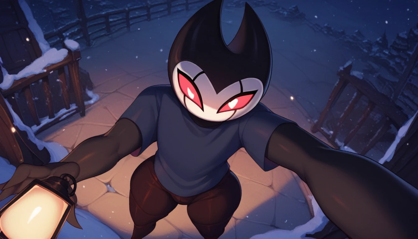 score_9, score_8_up, score_7_up, score_6_up, zPDXL2, grimm \(hollow knight\), vampire, bat, 1boy, solo, cute face, detailed eyes, anthro, clothed, background, landscape, looking at the viewer, thick thighs, angle from above, highlight thighs, It's snowing outside, it's night, a lamp is on nearby, grabbing your shirt, pov, smug face, outdoor   